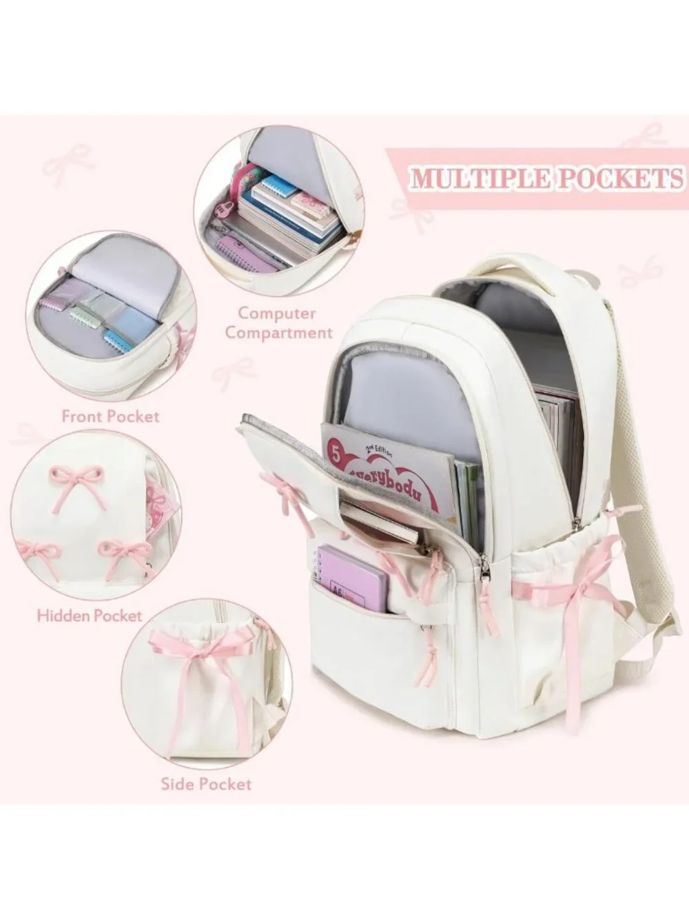 Stylish Girls Backpack Set with Lunch Box, Pencil Case & Bento Box - 4PCS, Beige